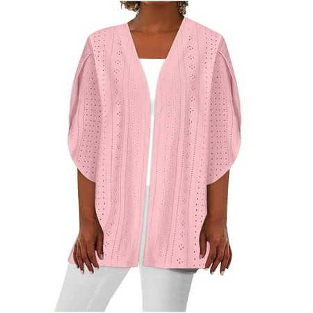 Mohiass Summer Cardigans for Women Lightweight Open Front Short Sleeve Tunic Cardigans  Summer Shawls  Casual Beach Cover Ups Pink 2XL