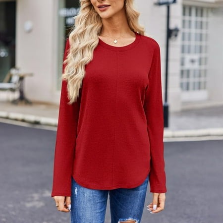 Mohiass Women S Plain Round Neck Loose Tops Long Sleeve T Shirts Fall Casual Basic Tee Red S