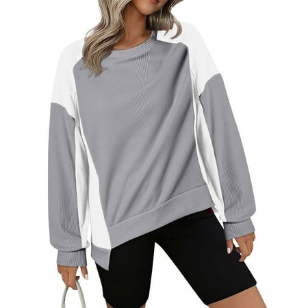 Mohiass Oversized Sweatshirt for Women 2024 Fall Crewneck Long Sleeve Color Block Comfy Pullover Sweatshirt Clothes Light Gray S