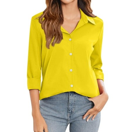 Mohiass Womens Button Down Shirt Long Sleeve Classic-Fit Dress Shirts Solid Work Office Blouse Fall Button Down Shirt for Women Yellow 2XL