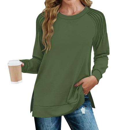 Mohiass Womens Crewneck Sweatshirt Long Sleeve Tunic Tops Pleated Shirts Dressy Casual Fall 2024 Fashion Trendy Loose Fitting Fall Sweatshirts for Wom