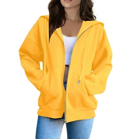 Mohiass Women S Solid Oversized Long Sleeve Hoodies Zip up Pocket Warm Casual Sweatshirts Loose Fit Fashion Pullover Tops Yellow M