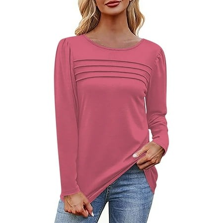 Mohiass Womens Fall Shirts Long Sleeve Shirts for Women Fall Fashion 2024 Dressy Casual Blouses Trendy Pleated Tunic Tops for Leggings Hot Pink M