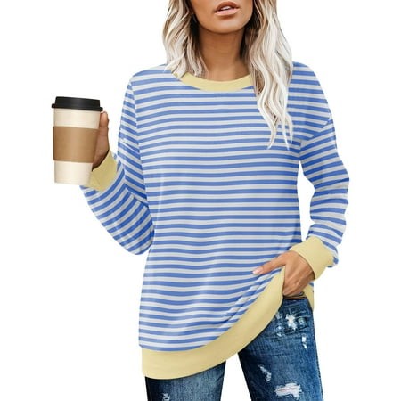 Mohiass Women Long Sleeve Crewneck Fall Sweatshirt Casual Loose ColorBlock Tops 2024 Trendy Clothes White L