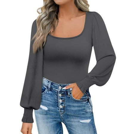 Mohiass Women S Long Sleeve Shirts Fall Clothes 2024 Fashion Puff Square Neck Tops Fall Tops for Women Gray 2XL