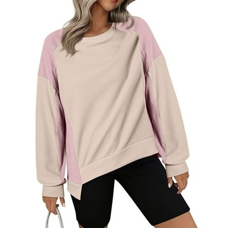 Mohiass Oversized Sweatshirt for Women Color Block Knit Top Crewneck Long Sleeve Sweatshirts Casual High Low Pullover Beige XL