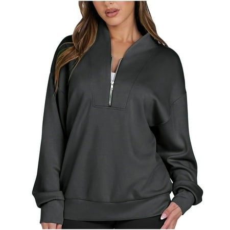 Mohiass Women S Oversized Quarter Half Zip Hoodies 2024 Casual V Neck Long Sleeve Fleece Sweatshirts Cute Winter Clothes Dark Gray M