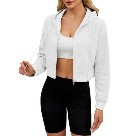 Mohiass Women S Long Sleeve Full Zip Hoodie Drawstring Hooded Neck Sweatshirts Workout Crop Hoodie Pullovers White S