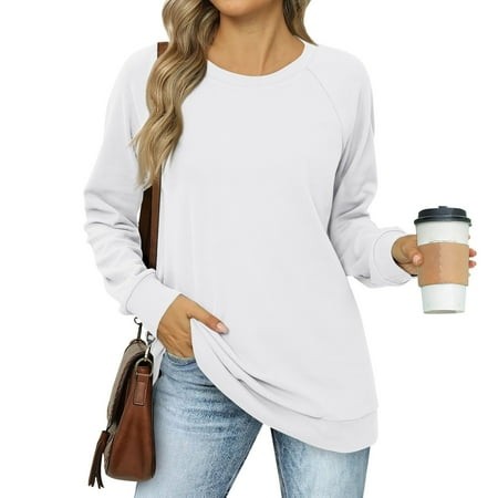 Mohiass Tunic Tops for Womens Fall Fashion 2024 Trendy Crewneck Sweatshirt Casual Long Sleeve Shirts White XL