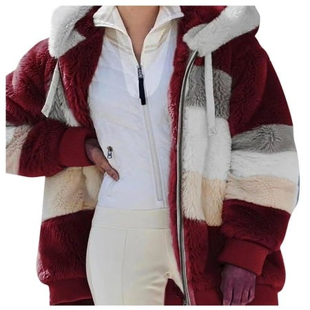 Mohiass Fuzzy Fleece Jacket Womens Winter Hooded Cardigan Plus Size Sherpa Winter Coats Warm Outerwear with Pockets Wine XL