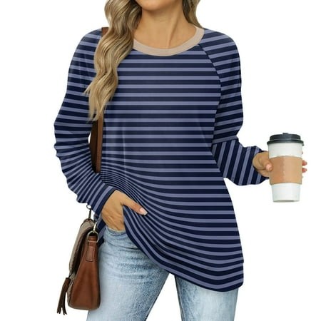 Mohiass Sweatshirt for Women Crewneck Pleated Long Sleeve Shirts Tunic Tops Fashion 2024 Fall Sweatshirts for Women Dark Blue M