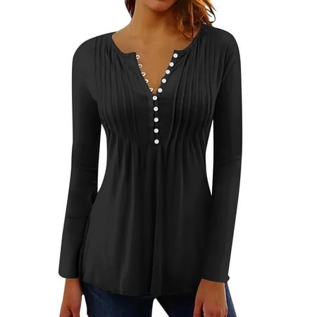 Mohiass Going Out Tops for Women Fall Casual Long Sleeve Button V Neck Pleated Blouse Lightweight Loose Solid Regular Shirts Black 3XL