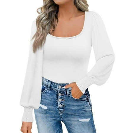 Mohiass Women S Long Sleeve Shirts Fall Clothes 2024 Fashion Puff Square Neck Tops White 2XL