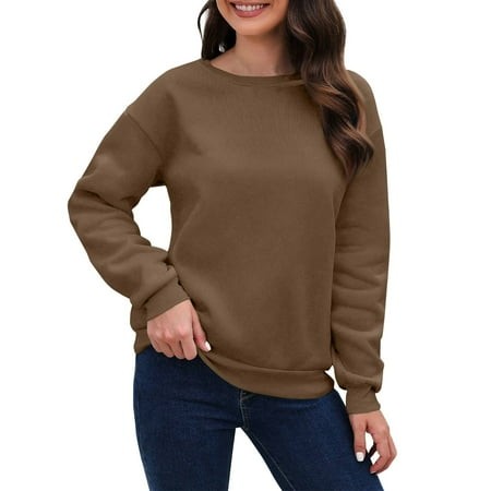 Mohiass Womens Long Sleeve Tops Crewneck Sweatshirt Casual Loose Fit Pullover Sweatshirts Brown S
