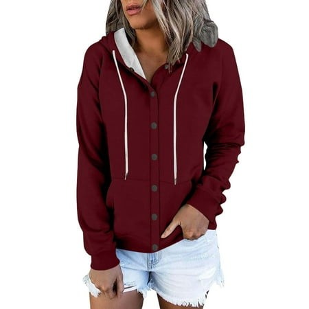 Mohiass Womens Fall Hoodies Women S 2024 Button Hoodies Long Sleeve Sweatshirts Casual Loose Solid Drawstring Jacket Teen Fall Coat for Womenss Wine X