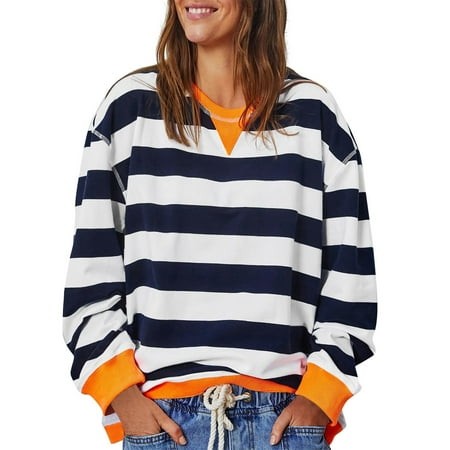Mohiass Womens Oversized Classic Striped Long Sleeve Sweatshirt Casual Crewneck Color Block Loose Pullover Tops Fall Sweatshirts for Women Navy XL