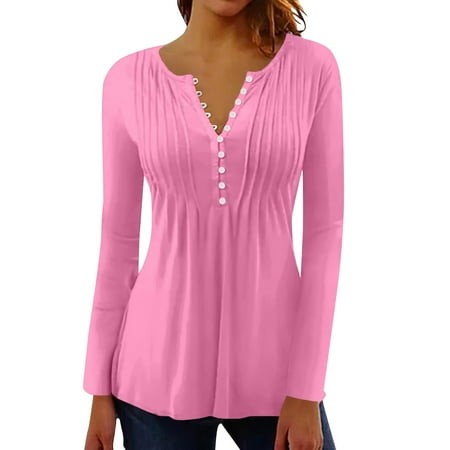 Mohiass Long Sleeve Tops for Women Teacher Shirts Vintage Loose Fit Fall Breathable Wicking Athletic Shirts Casual Blouses Pink 2XL