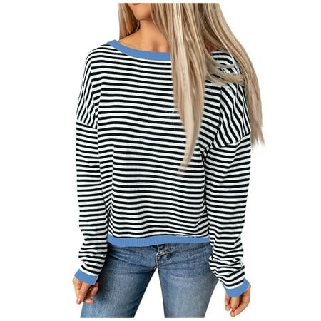 Mohiass Womens Long Sleeve Knitted Sweaters Crewneck Striped Color Block Shirts 2024 Loose Fit Casual Pullover Jumpers Tops Navy S