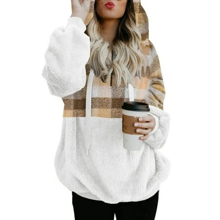 Mohiass Women Casual Double Fuzzy Sweatshirt Faux Fleece Zip Pullover Hoodies Coat Outwear White XL