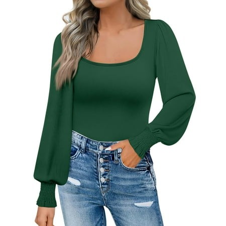 Mohiass Women S Long Sleeve Shirts Fall Clothes 2024 Fashion Puff Square Neck Tops Fall Tops for Women Dark Green S
