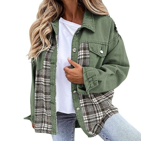 Mohiass Women S Long Sleeve Denim Jacket Jean Top Snow Spring Plaid Printed Casual Fall Button Fashion Green XL