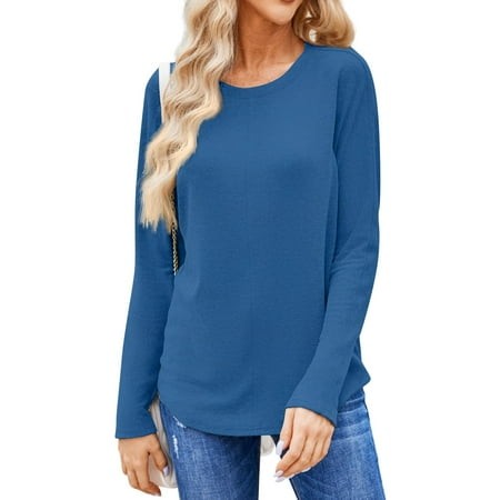 Mohiass Women S Plain Round Neck Loose Tops Long Sleeve T Shirts Fall Casual Basic Tee Royal Blue M