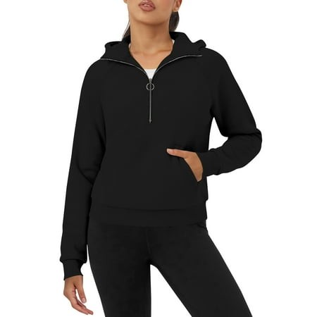 Mohiass Cropped Zip up Hoodie Women Baggy Half Zip Pullover Hooded Drop Shoulder Fleece Oversized Sweatshirt Outfits W/Pocket Fall Sweatshirts for Wom