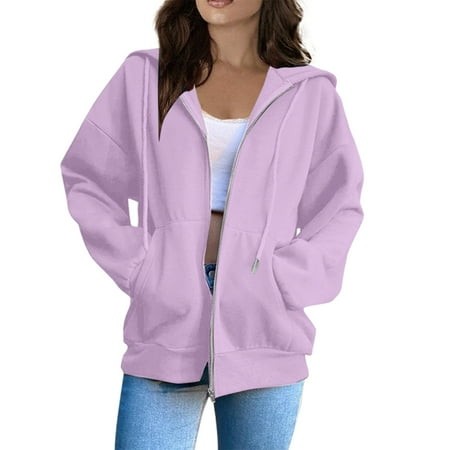 Mohiass Fashion Hoodies Vintage Zipper Oversized Loose Fit Hoodies Women Long Sleeve Solid Jackets Soft Outdoor Sweatshirt Light Purple S
