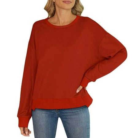 Mohiass Womens Fall Sweatshirts Womens Cropped Sweatshirt Crewneck Long Sleeve Shirts Trendy 2024 Fall Tops Casual Loose Irregular Hem Red 2XL