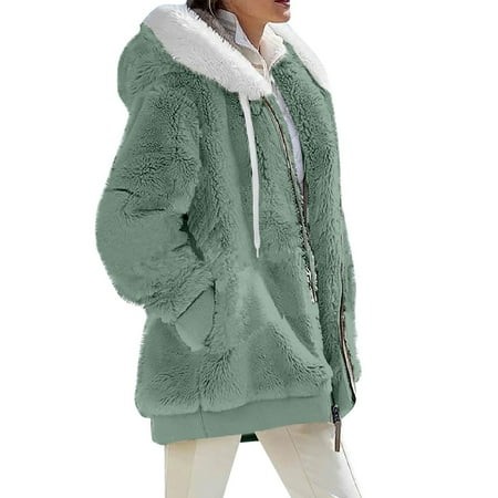 Mohiass Winter Coats for Women 2024 Trendy Fleece Jacket Long Sleeve Faux Fur Coat Fuzzy Sherpa Jacket Long Coat with Hood Mint Green 5XL