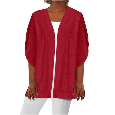 Mohiass Summer Cardigans for Women Lightweight Open Front Short Sleeve Tunic Cardigans  Summer Shawls  Casual Beach Cover Ups Red 2XL