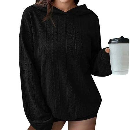 Mohiass Women S Oversize Cable Knitted Hoodies Casual Loose Long Sleeve Drawstring Pullover Sweatshirt Fall Hoodies for Women Black S