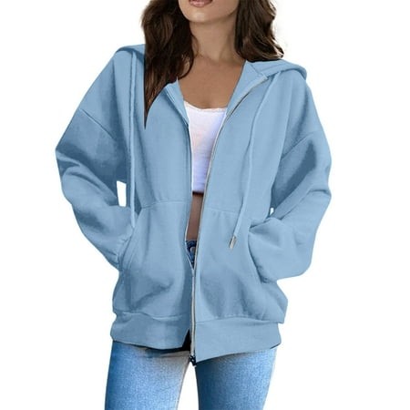 Mohiass Women S Solid Oversized Long Sleeve Hoodies Zip up Pocket Warm Casual Sweatshirts Loose Fit Fashion Pullover Tops Sky Blue XL