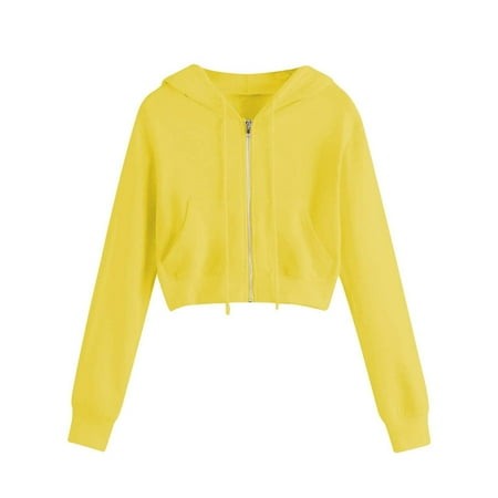 Mohiass Hoodies for Women White Cropped Zip up Hoodie Trendy Teen Girls Crop Top Jackets Casual Cute Cropped Hooded Jacket Yellow 3XL