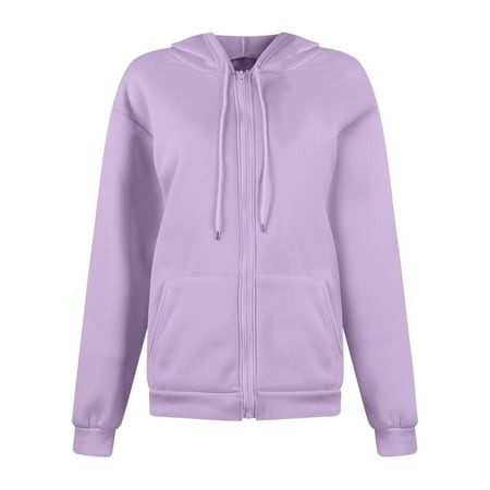 Mohiass Women Soild Basic Hooded Sweatshirt Couple Fleece Jacket Outwear with Pocket Zipper Hoodies Sweatshirt Purple S