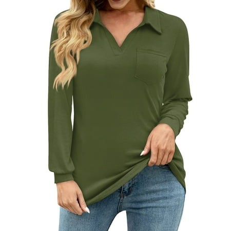 Mohiass Polo Shirts for Women Business Casual V-Neck Long Sleeve Tops Loose Lapel Collar Tunic Work Blouses with Pocket Army Green S