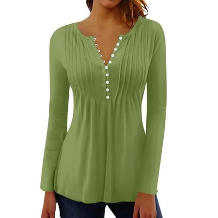 Mohiass Workout Tops for Women Long Sleeve Vintage Loose Fit Spring Breathable Wicking Athletic Shirts Casual Pleated Blouses Army Green M