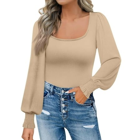 Mohiass Women S Long Sleeve Shirts Fall Clothes 2024 Fashion Puff Square Neck Tops Fall Tops for Women Beige XL