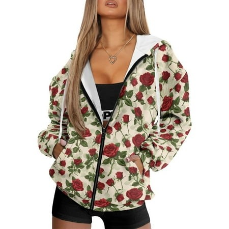For U DESIGNS Vintage Rose Zip Hoodies for Women Oversized Hooded Sweatshirt with Front Size XS Zipper Lightweight Hoodie Cute Cardigans for Women Tre