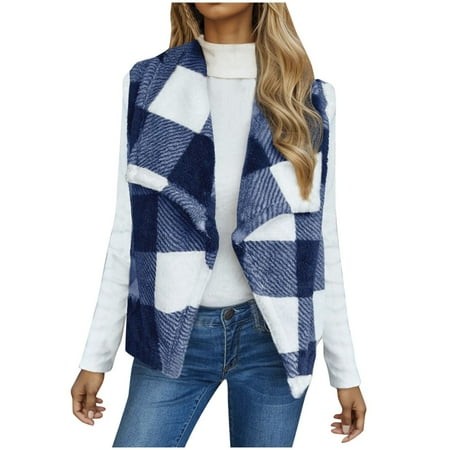 CaComMARK PI Clearance Womens Buffalo Plaid Vest Sleeveless Lapel Open Front Fleece Cardigan Sweater 2024 Fall Winter Fashion Fuzzy Jacket Coat Blue 6