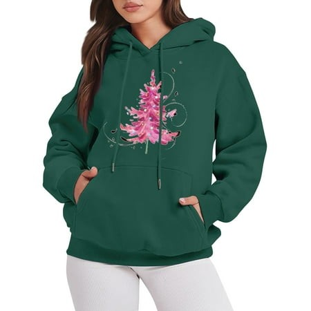 Wxiwmx Christmas Womens Hoodie Trendy Christmas Graphic Drawstring Christmas Sweatshirts Oversized Long Sleeve Round Neck Pullover with Pocket Dark Gr