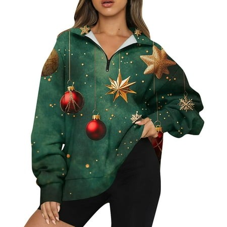 Wxiwmx Christmas Vacation Sweatshirt Trendy Graphic Half Zip up Pullover Top 2024 Fall Outerwear Shirt Dark Green XL