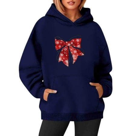 Wxiwmx Womens Christmas Sweatshirts Trendy Merry Christmas Sweater Fall/winter O-Neck Long Sleeve Tops with Pocket Navy L