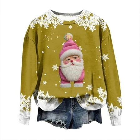 Wxiwmx Christmas Sweatshirts for Women Plus Size Funny Christmas Tree Pattern Christmas Shirts Oversized Christmas Outfits Yellow XL