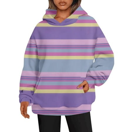 Wxiwmx Womens Sweatshirt Fall 2024 Oversized Hooded Neck Pullover Hoodies Cute Color Block Sweater Long Sleeve Apparel Light Pink L