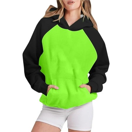 Wxiwmx Oversized Hoodies for Women Colorblock Raglan Long Sleeve Fleece Pullover Cute Y2k One Piece Hoodie with Pockets Green M