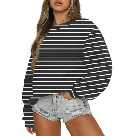 Wxiwmx Womens Casual Crewneck Oversized Sweatshirt Striped Long Sleeve Pullover Tops Y2K Fall Clothes Outfits 2024 Black 3XL