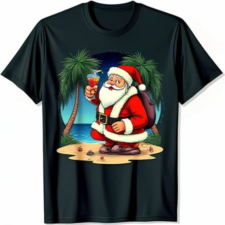 Funny Santa Claus Tropical Vacation T-Shirt Laid Back Santa with Cocktail on Beach