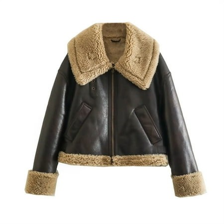 7287 European and American Cross-border Autumn and Winter Womens New Maillard Lapel Lamb Fur Fur One-piece Double-sided Coat