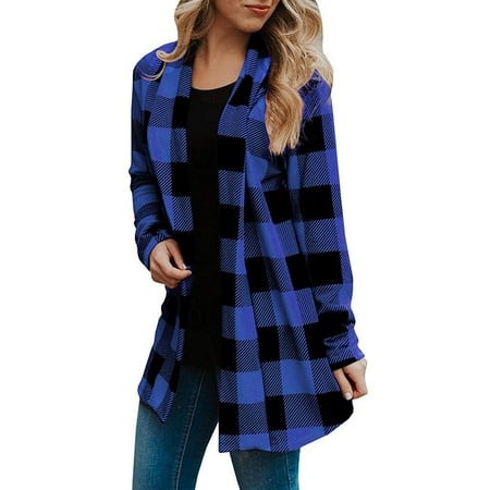 HaiMao Womens Cardigan Clearance Buffalo Plaid Jacket Trendy Casual Loose Long Sleeve Kimono Fashion Fall Outfits Blue 6(M)